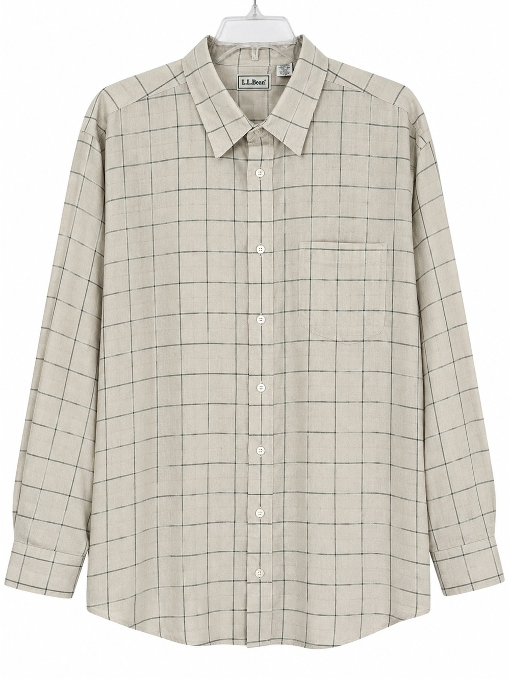 L.L.Bean Men’s XXL Linen Cotton Shirt Beige Windowpane Plaid Long Sleeve Casual